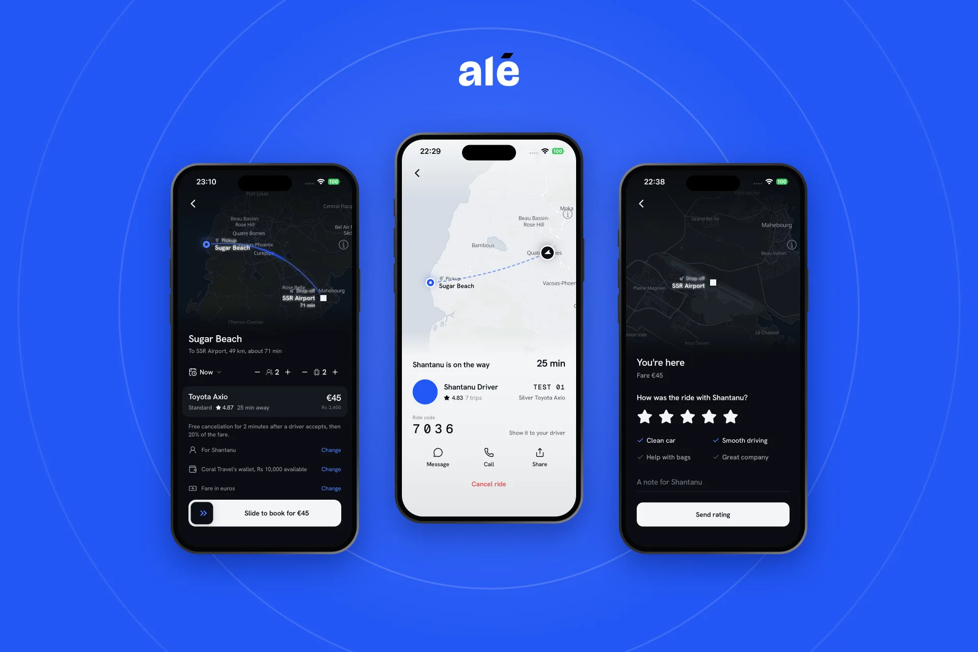 The alé app on three phones: a car chosen at its price, the driver on the way with the ride code, and the ride being rated