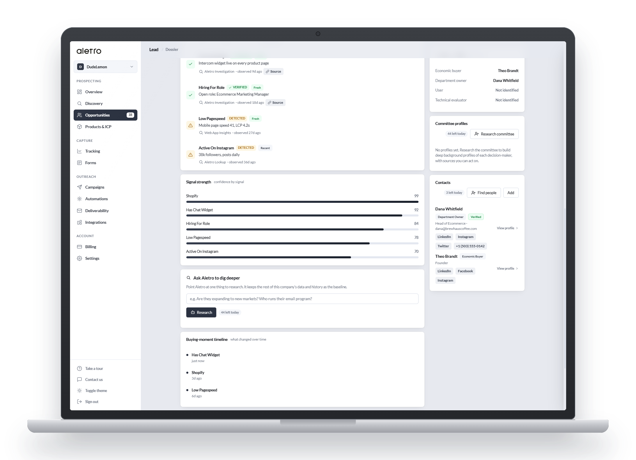 Aletro opportunity brief with buyer, why-now, outreach angle, and a proof ledger