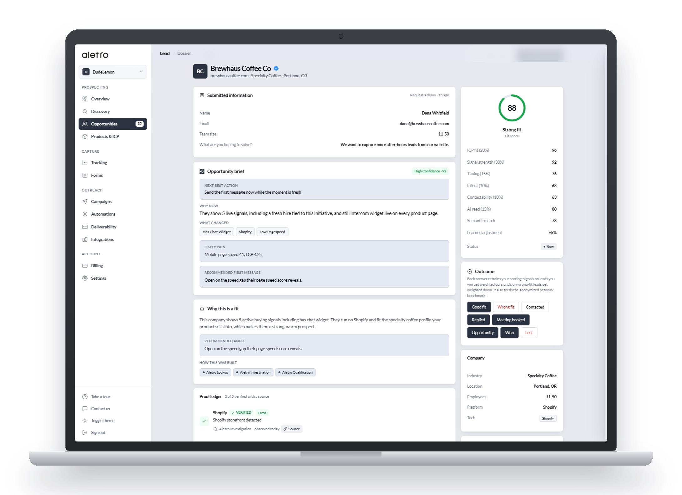 Aletro investigating a company across its tech stack, hiring, content, and more