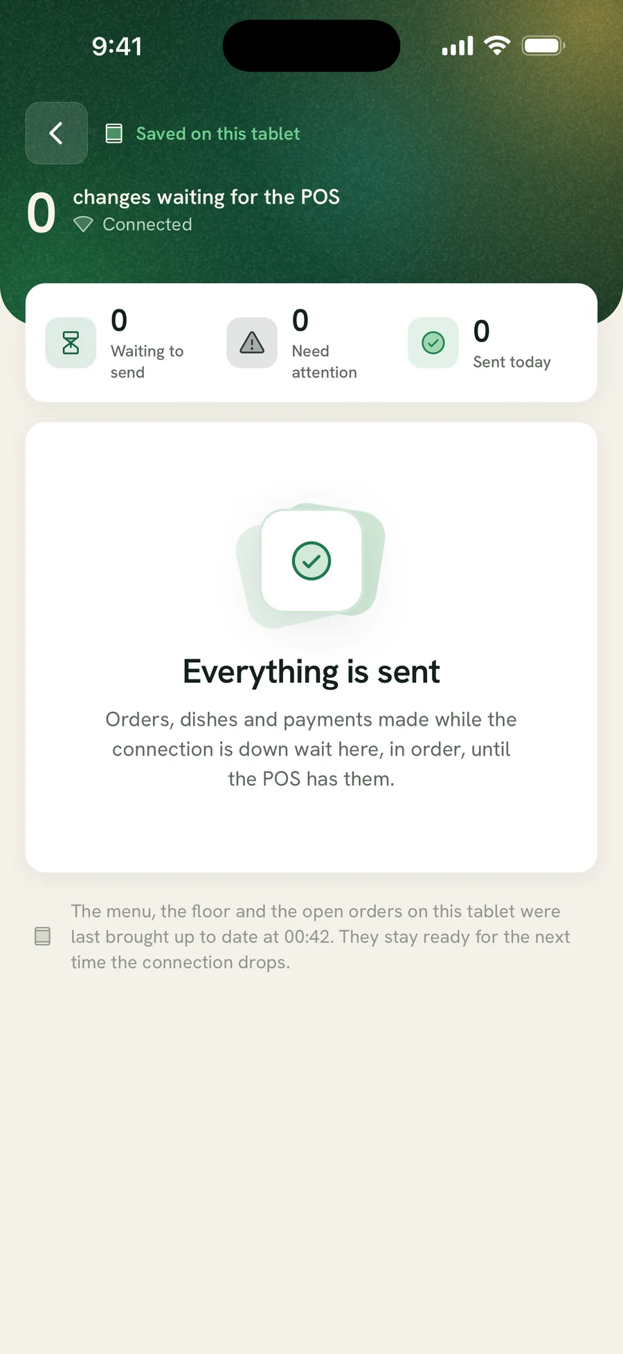 The sync screen on a phone, showing connection state and what the device will do while offline