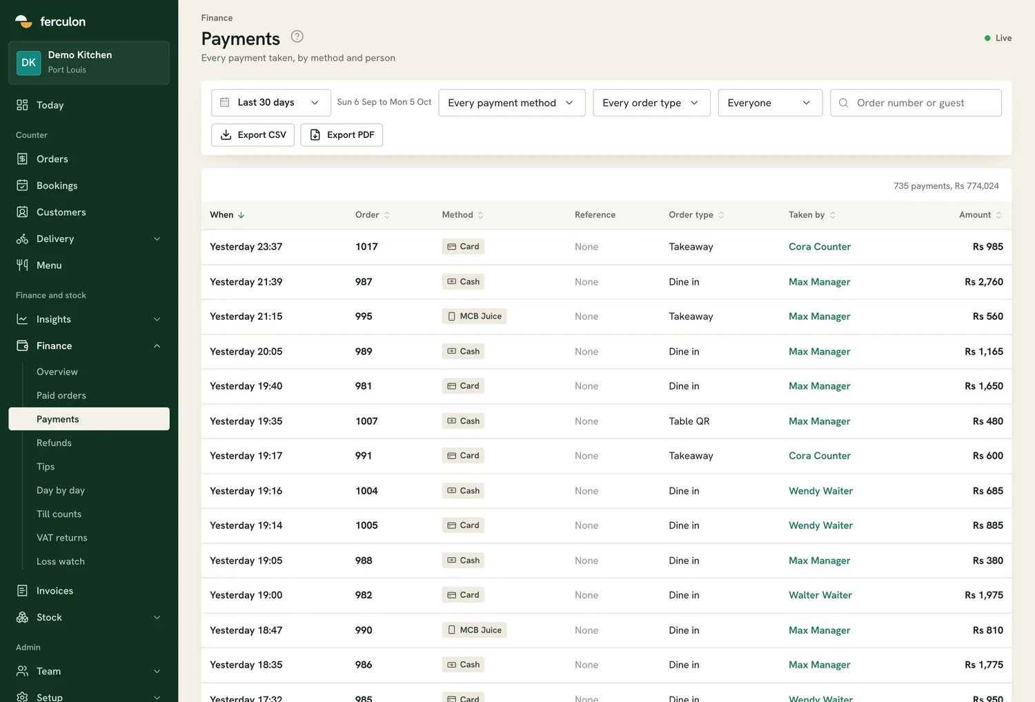 A payments list showing each payment with its time, order, method, reference, order type, the staff member who took it and the amount