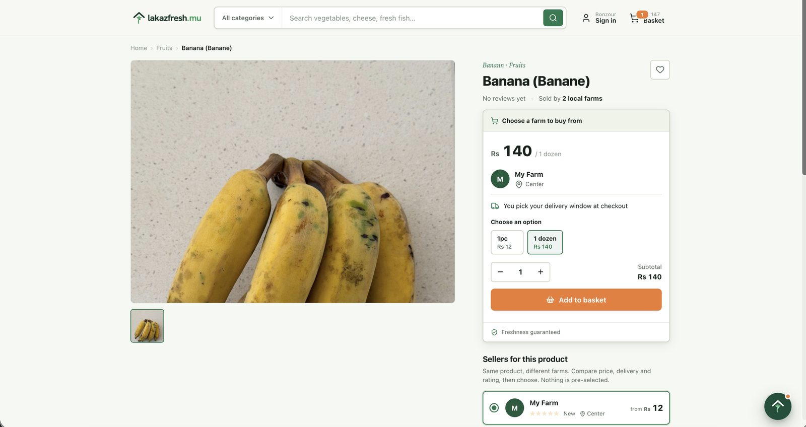 A product page rendering multiple independent seller offers against one canonical product, each with its own price, unit and rating