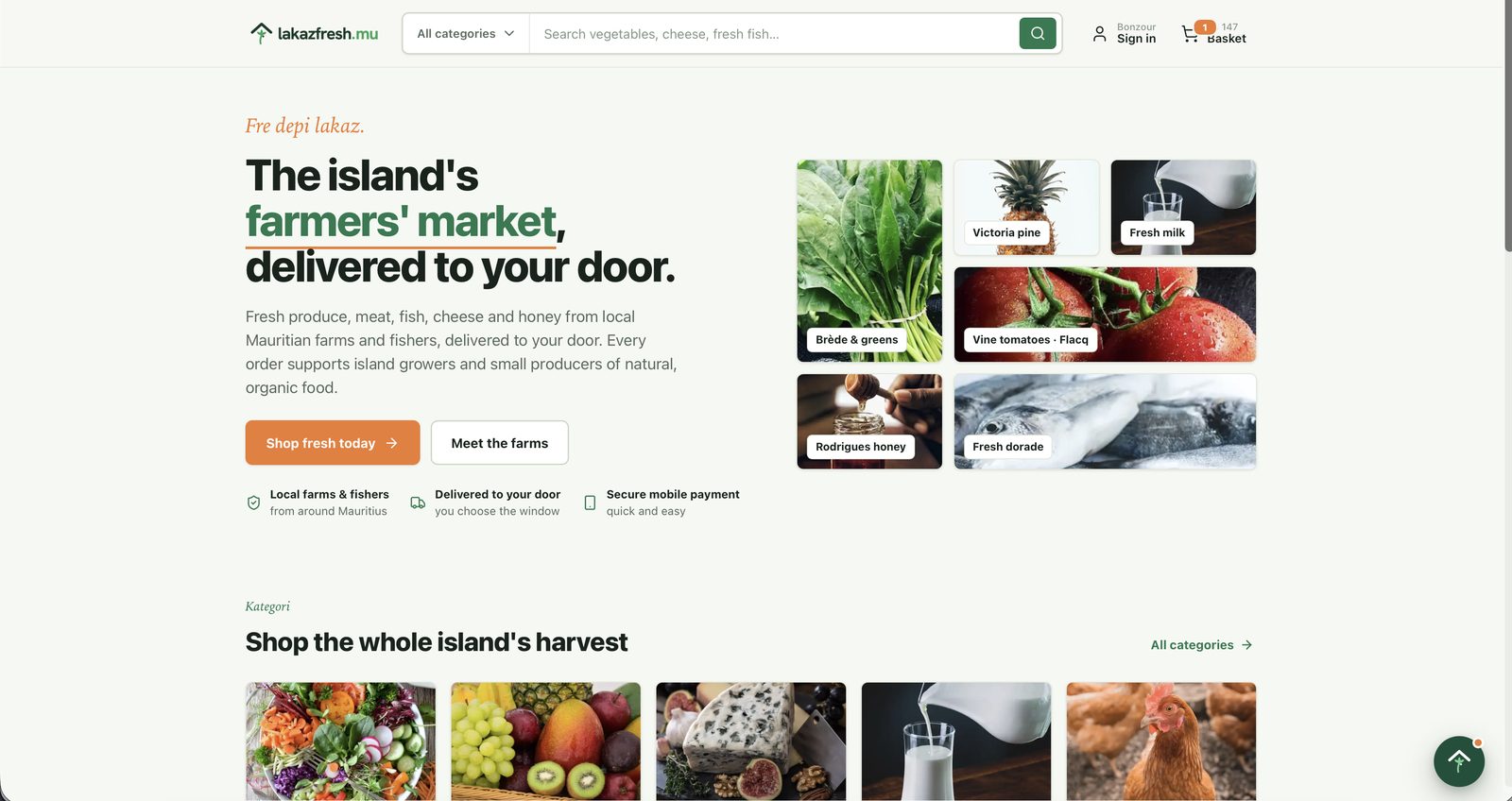 The Lakaz Fresh customer storefront showing category browsing and scoped search