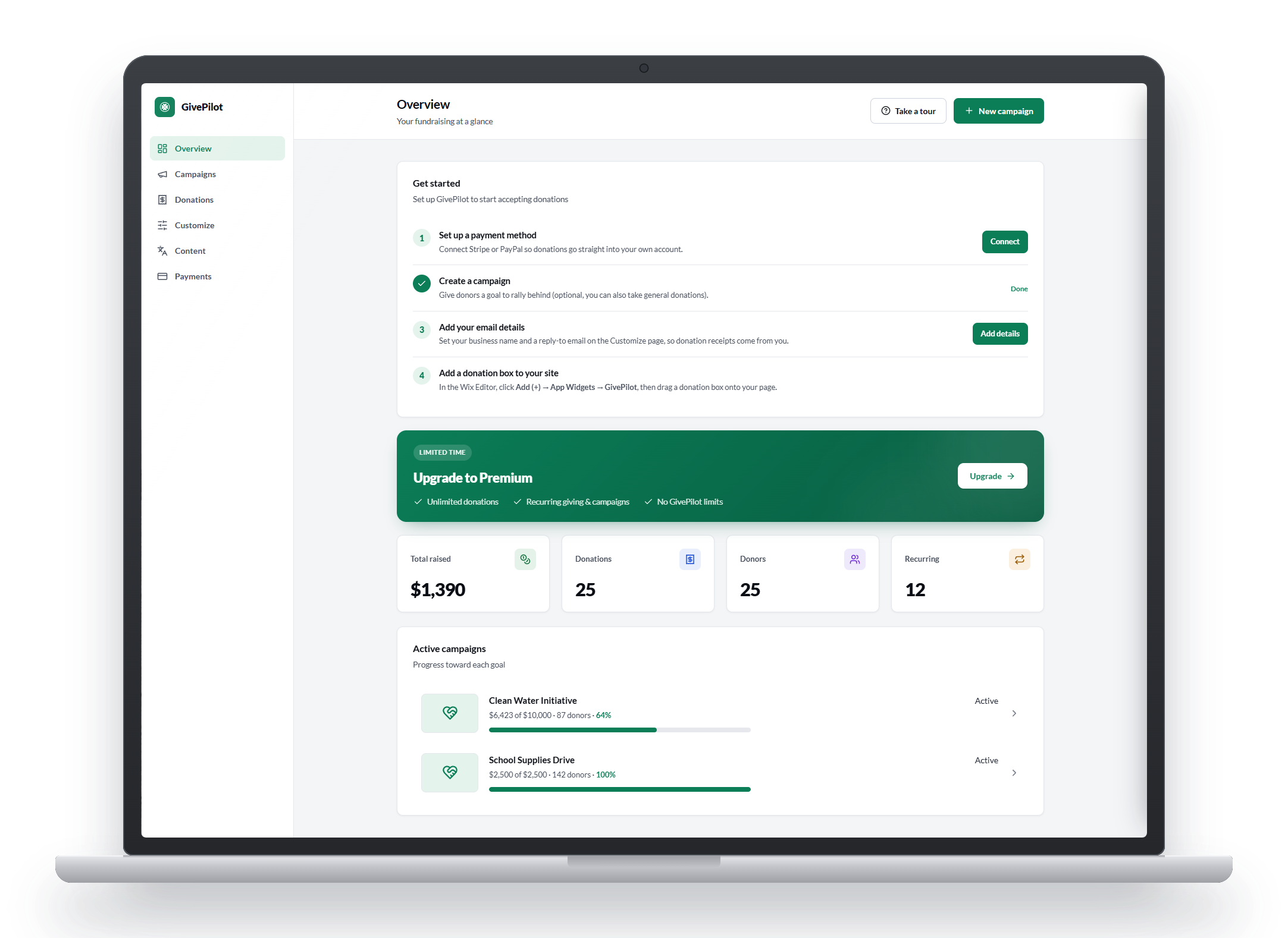 GivePilot crowdfunding dashboard