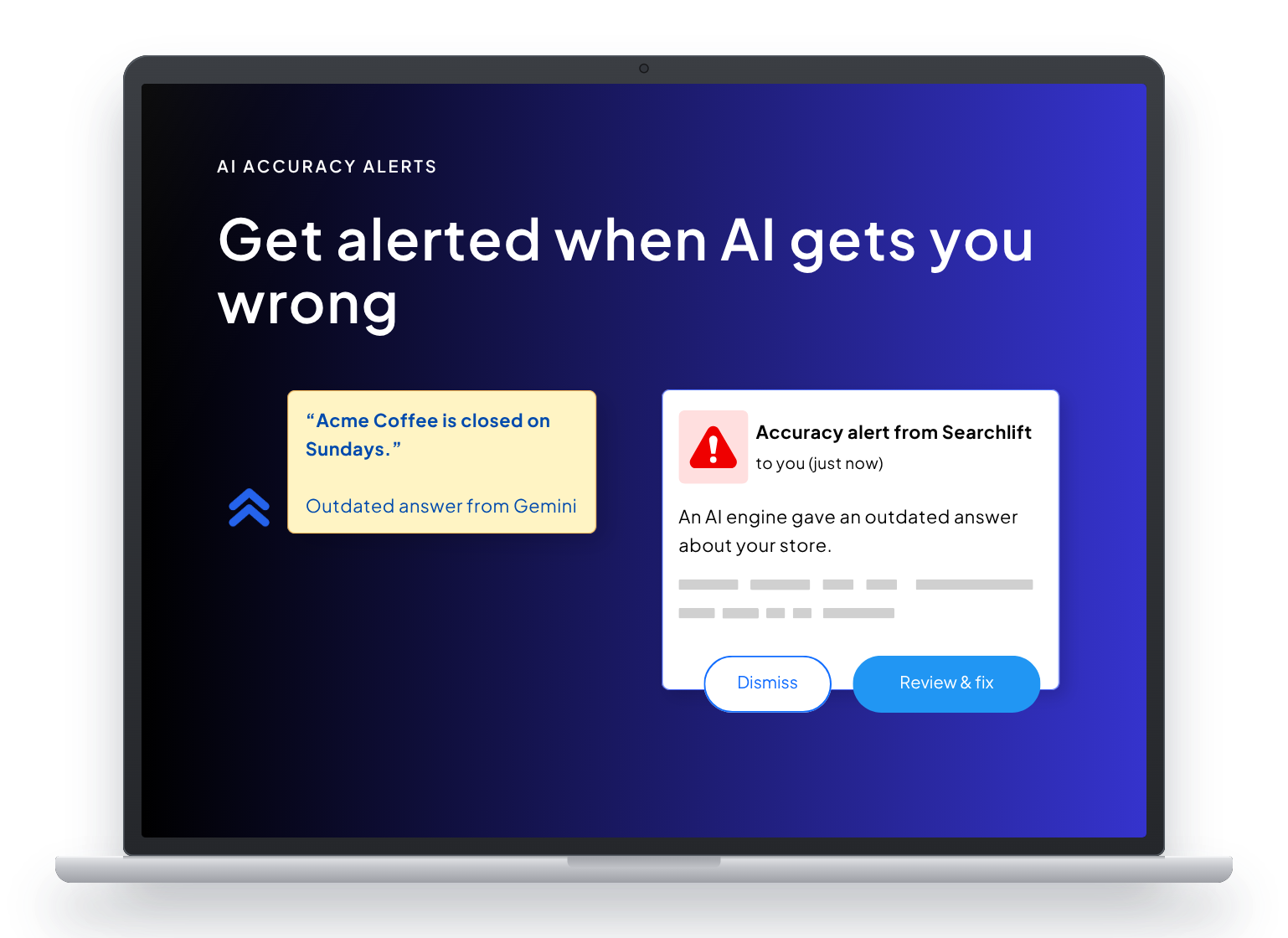 SearchLift accuracy alert flagging an outdated AI answer about a business