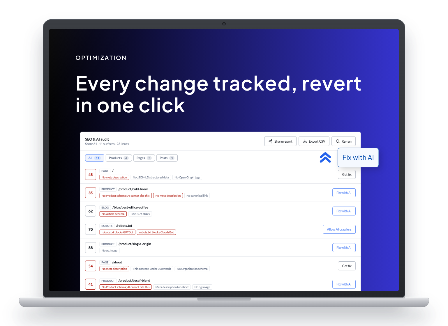 SearchLift AI SEO audit scoring every page and flagging issues to fix