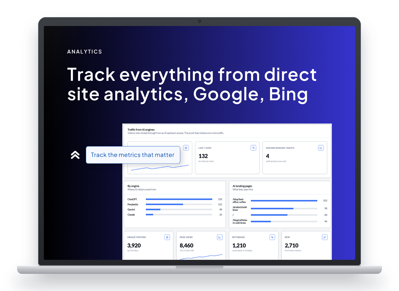 SearchLift dashboard tracking AI referral traffic by engine with reversible change log