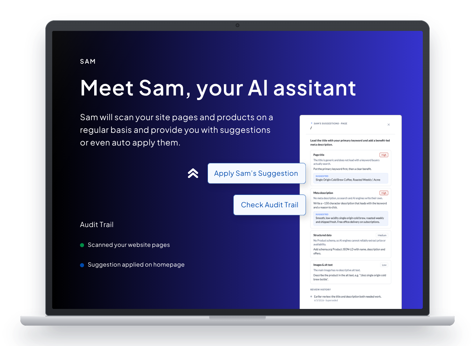 Sam, the SearchLift AI assistant, suggesting and applying SEO improvements